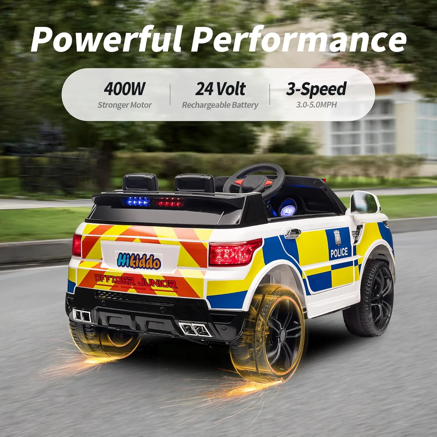 Electric Police Car for Kids, 24 Volt Kids Ride-on Toy Car with Remote Control, 400W Motor, 5mph Max Speed - White