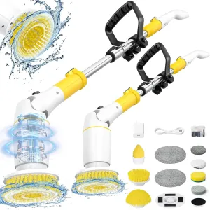Electric Spin Scrubber, Cordless Cleaning Brush Shower Scrubber Up to 550 RPM with 9 Replaceable Brush Heads, Bathroom Scrubber Adjustable Extension Handle for Bathroom Kitchen Car (Yellow)