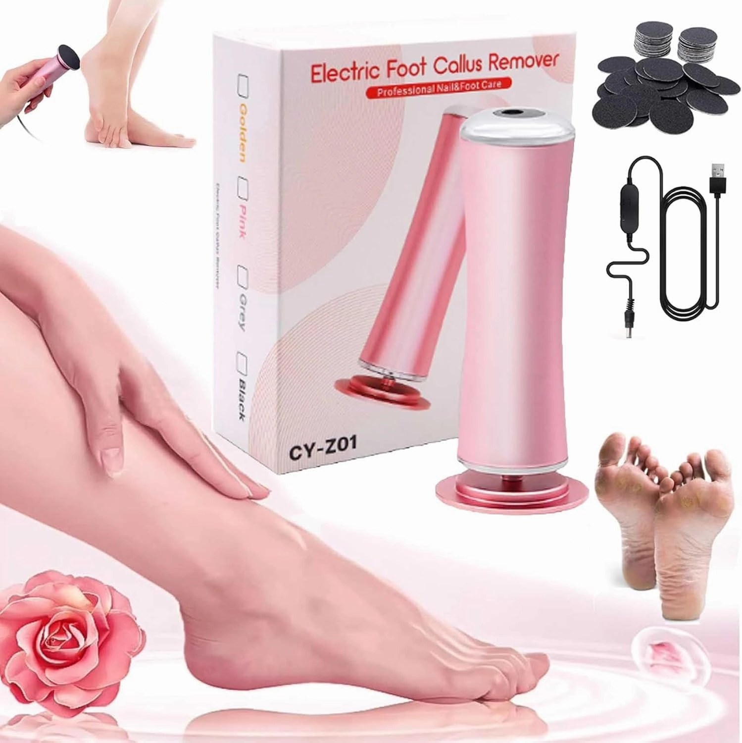 Electric Foot Callus Remover, Foot Filer, Pain-Free Electric Callus Remover for Feet, 360 Rotation Adjustable Speed Electric Foot File Pedicure Tool, Gentle and Not Hurt Feet (Pink)