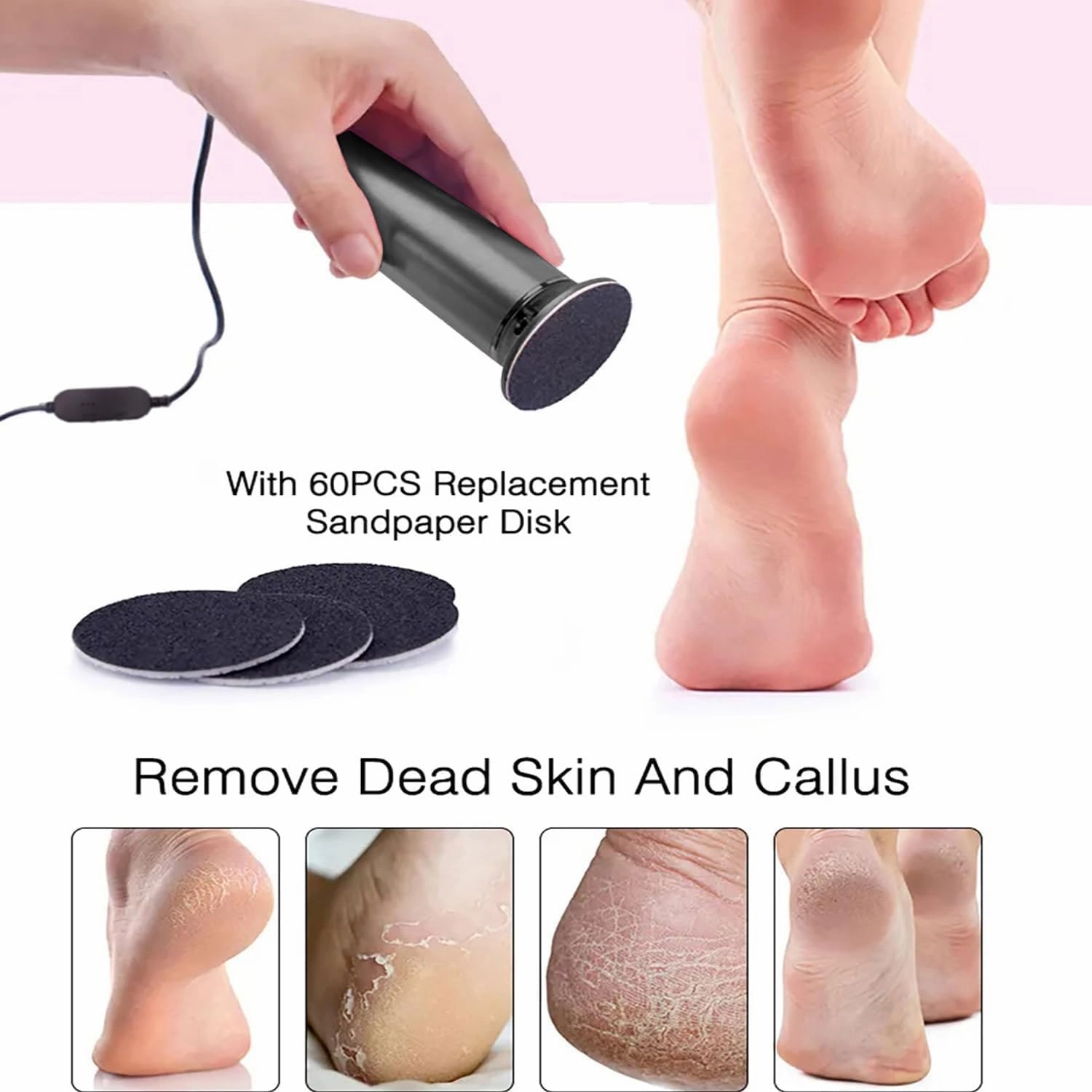 Electric Foot Callus Remover, Foot Filer, Pain-Free Electric Callus Remover for Feet, 360 Rotation Adjustable Speed Electric Foot File Pedicure Tool, Gentle and Not Hurt Feet (Pink)