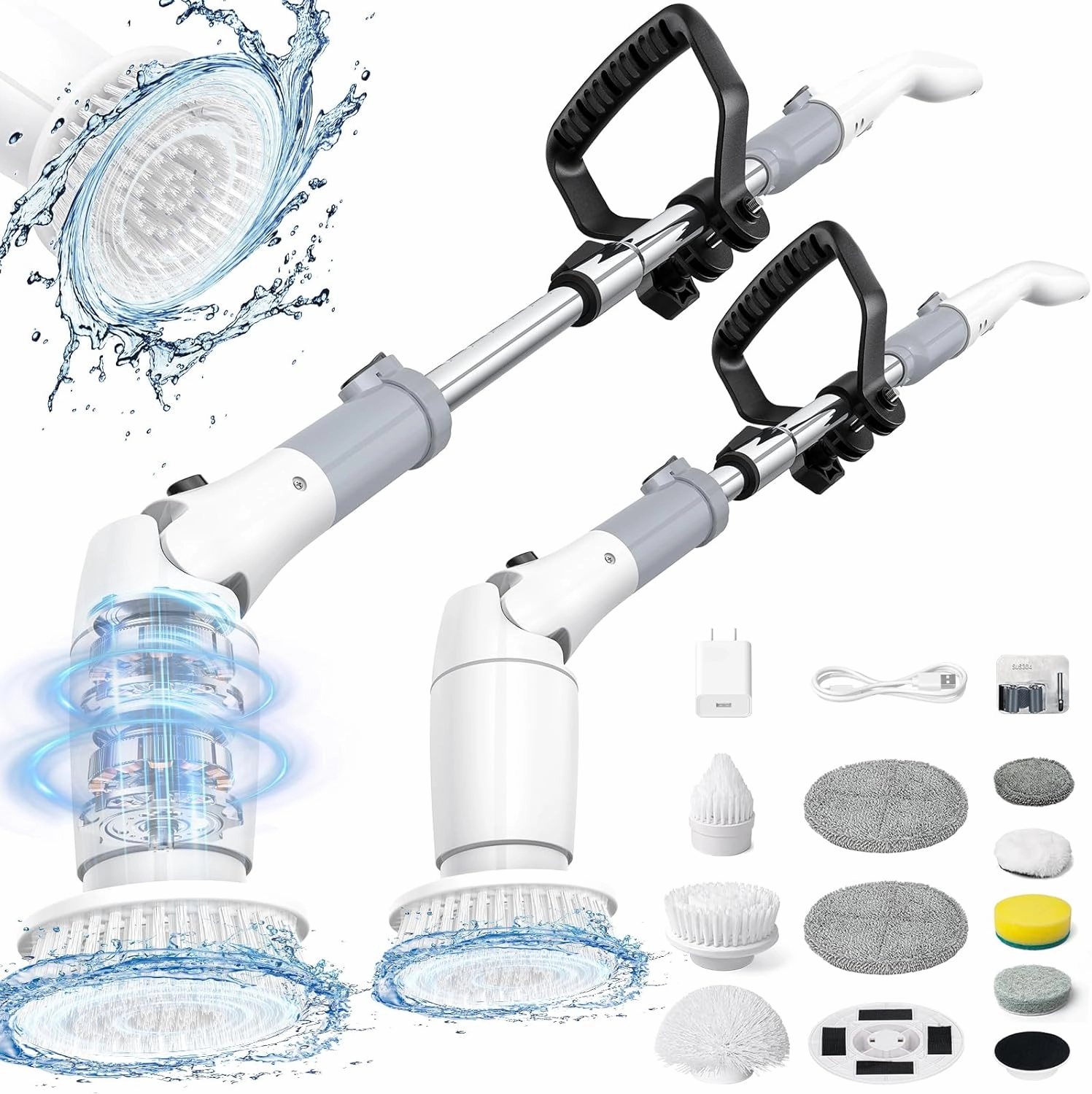 Electric Spin Scrubber, Cordless Cleaning Brush Shower Scrubber Up to 550 RPM with 9 Replaceable Brush Heads, Bathroom Scrubber Adjustable Extension Handle for Bathroom Kitchen Car (Grey)