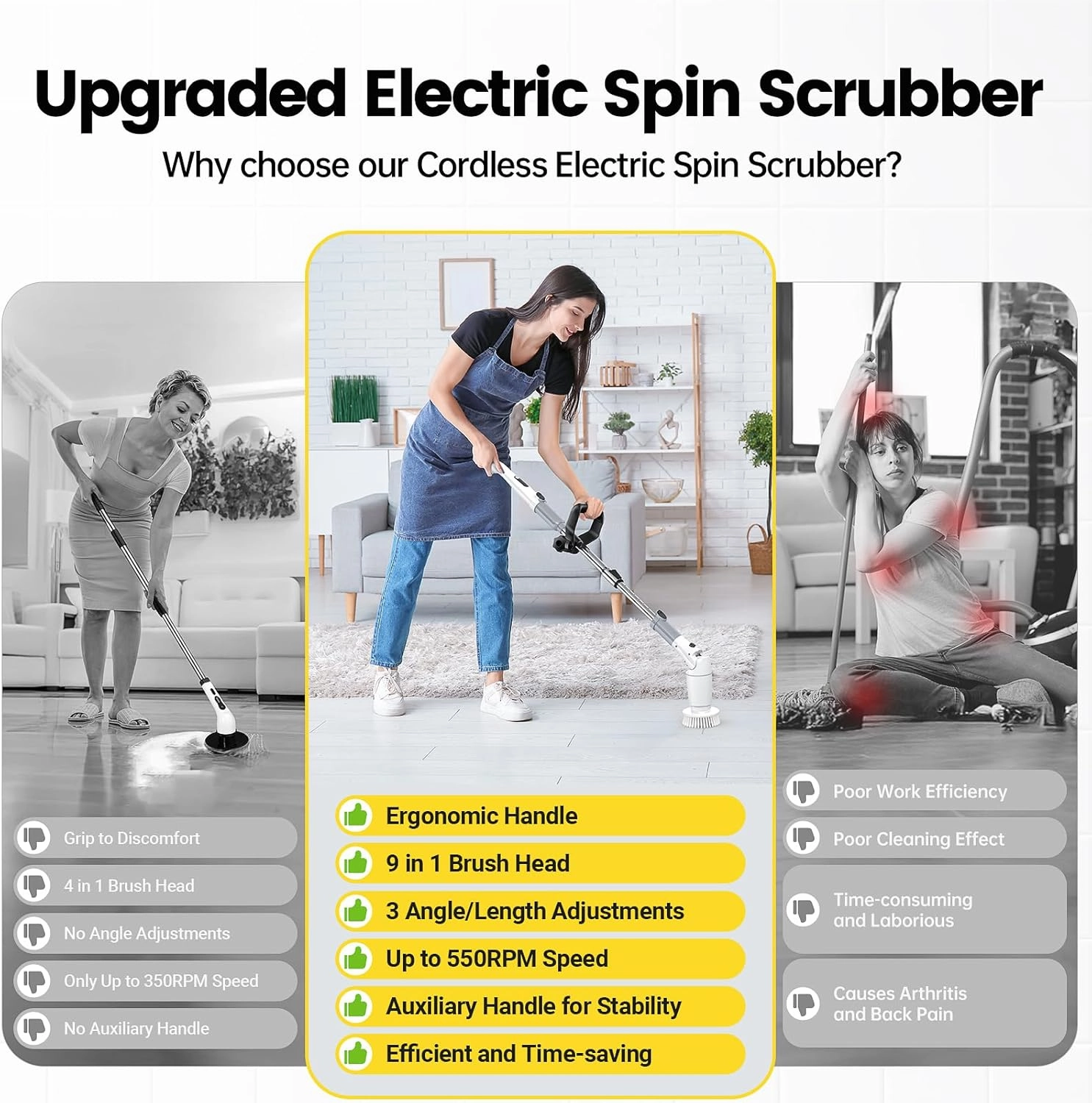 Electric Spin Scrubber, Cordless Cleaning Brush Shower Scrubber Up to 550 RPM with 9 Replaceable Brush Heads, Bathroom Scrubber Adjustable Extension Handle for Bathroom Kitchen Car (Grey)