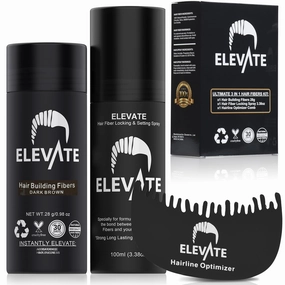 ELEVATE Hair Ultimate Perfecting 3-in-1 Kit Set Includes Natural Hair Thickening Fibers | Locking & Setting Hold Hair Spray | Hairline Optimizer Comb | Instantly Conceal & Thicken Hair (Dark Brown)