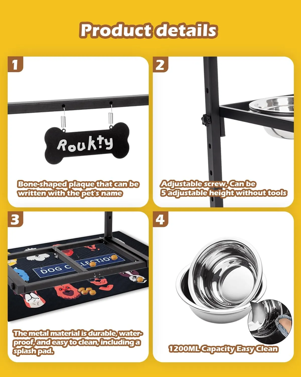 Elevated Dog Bowls With Slow Feeder, Adjustable Height Raised Stand With 2 Stainless Steel 1200ML Food Bowls, Mat for Small Medium Large Dogs and Cats
