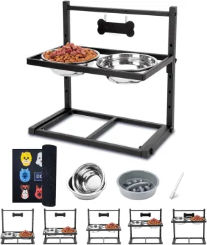 Elevated Dog Bowls With Slow Feeder, Adjustable Height Raised Stand With 2 Stainless Steel 1200ML Food Bowls, Mat for Small Medium Large Dogs and Cats