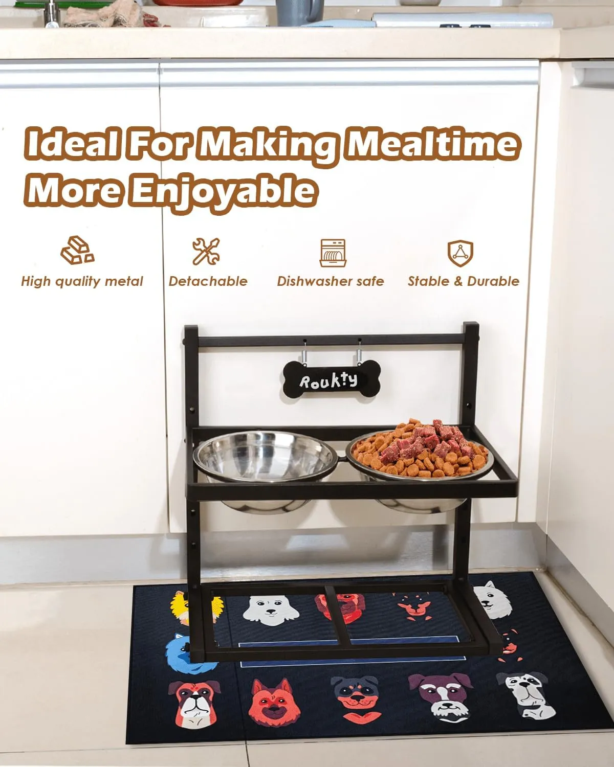 Elevated Dog Bowls With Slow Feeder, Adjustable Height Raised Stand With 2 Stainless Steel 1200ML Food Bowls, Mat for Small Medium Large Dogs and Cats