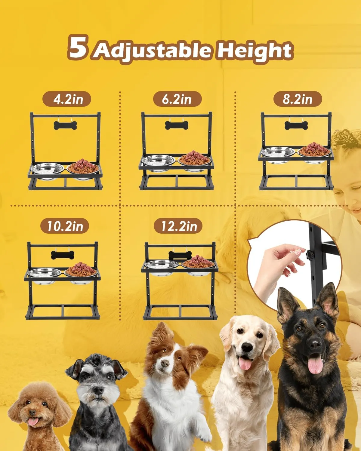 Elevated Dog Bowls With Slow Feeder, Adjustable Height Raised Stand With 2 Stainless Steel 1200ML Food Bowls, Mat for Small Medium Large Dogs and Cats