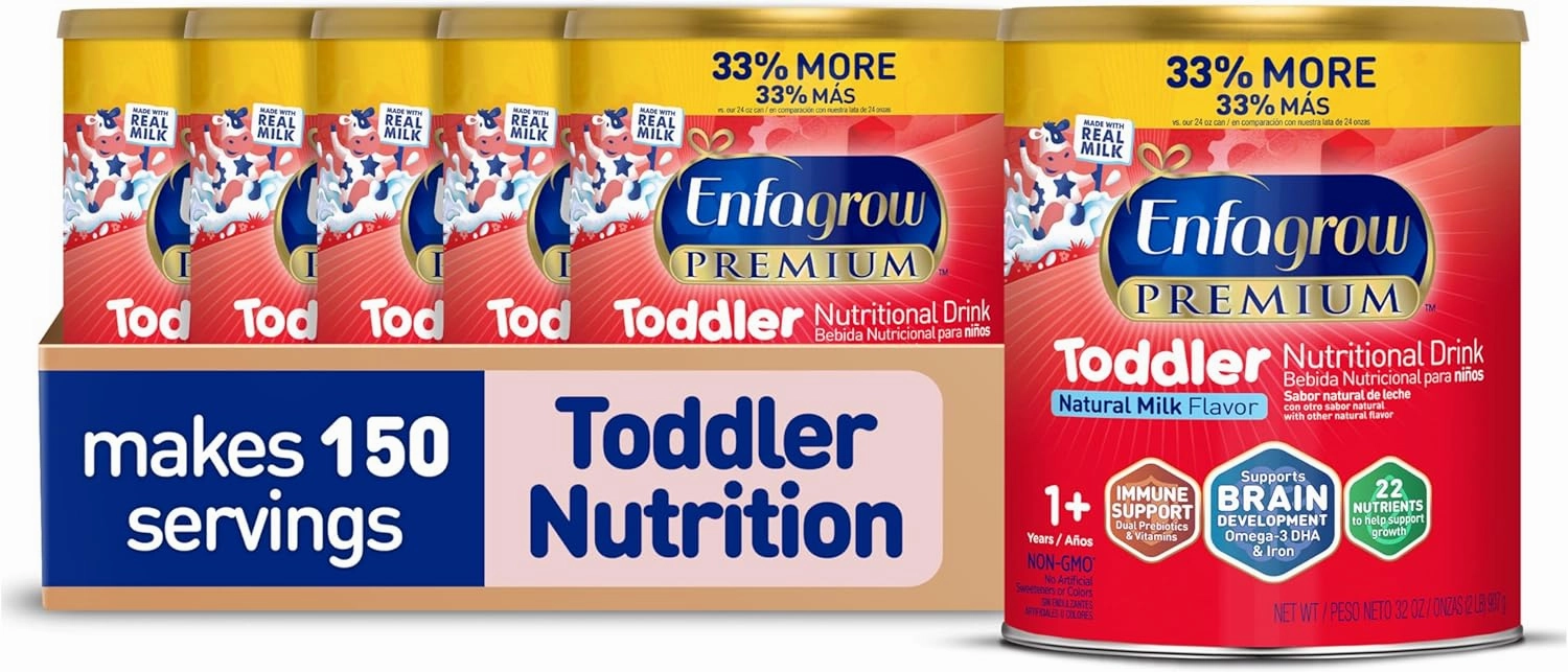 Enfagrow PREMIUM Toddler Nutritional Drink, Made with Real Milk, Brain-Building Omega-3 DHA, Nutrients and Prebiotics for Growth & Immune Support, Non-GMO, Toddler Milk Powder, 32 Oz Can, 6 Count