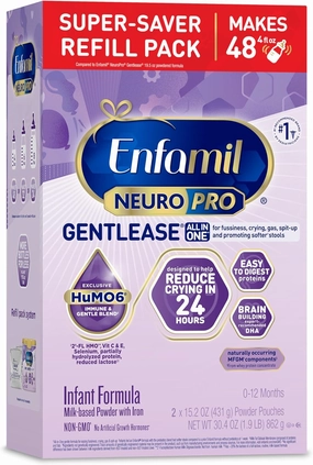 Enfamil NeuroPro Gentlease Baby Formula, Brain Building DHA, HuMO6 Immune Blend, Designed to Reduce Fussiness, Crying, Gas & Spit-up in 24 Hrs, has Prebiotics to Promote Softer Stools, Baby Milk, 30.4 Oz Refill