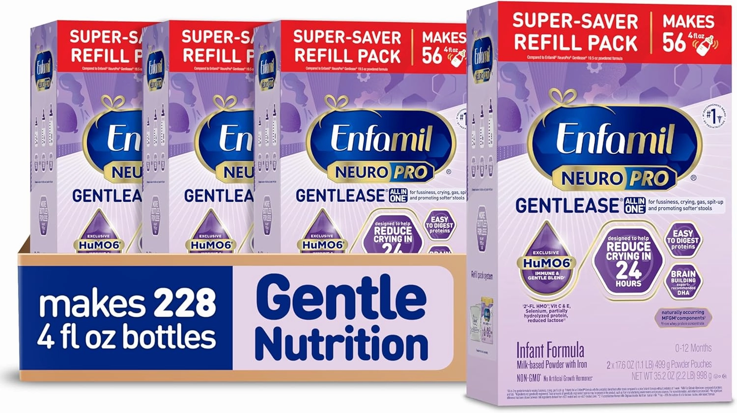 Enfamil NeuroPro Gentlease Baby Formula, Brain Building DHA, HuMO6 Immune Blend, Designed to Reduce Fussiness, Crying, Gas & Spit-up in 24 Hrs, has Prebiotics to Promote Softer Stools, Baby Milk, 35.2 Oz (Pack of 4)