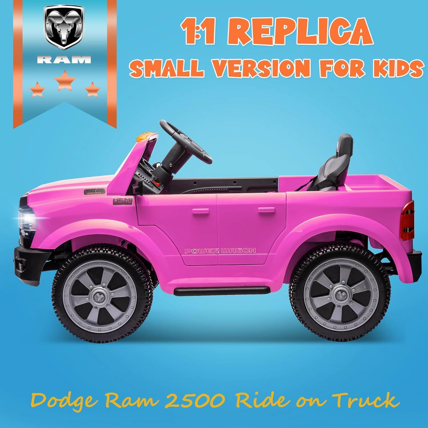 ENYOPRO 12V 7Ah Licensed Dodge Ram 2500 Ride On Car Truck, Electric Car Ride On Toys w/Parent Remote Control, LED Llights, MP3 Music & Back Storage, Ideal Gift-Boys Girls Kids Electric Vehicle (Pink)