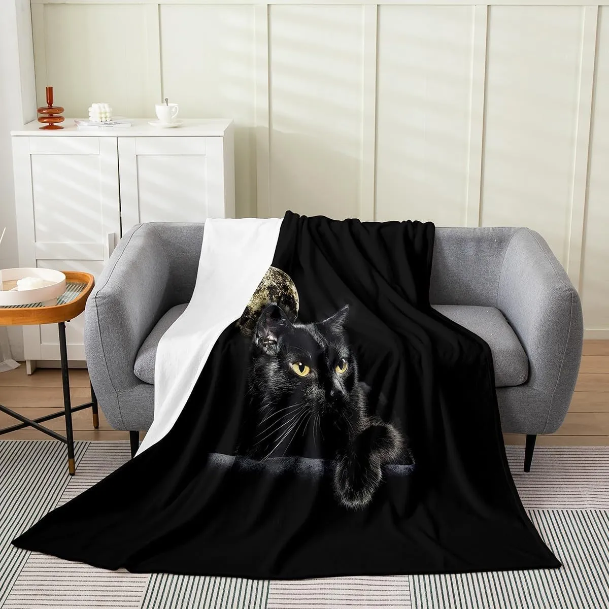 Erosebridal Cute Cat Blanket,Black Cat Throw Blanket for Cat Lovers,Kawaii Pet Kitten Fleece Blanket for Kids Girls Boys Teens,Galaxy Trippy Moon Fuzzy Blanket,Throw 50X60