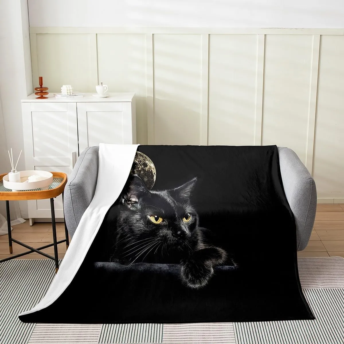 Erosebridal Cute Cat Blanket,Black Cat Throw Blanket for Cat Lovers,Kawaii Pet Kitten Fleece Blanket for Kids Girls Boys Teens,Galaxy Trippy Moon Fuzzy Blanket,Throw 50X60