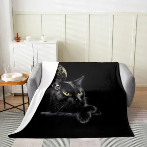 Erosebridal Cute Cat Blanket,Black Cat Throw Blanket for Cat Lovers,Kawaii Pet Kitten Fleece Blanket for Kids Girls Boys Teens,Galaxy Trippy Moon Fuzzy Blanket,Throw 50X60