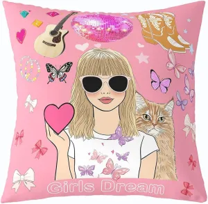 Erosebridal Pink Music Themed 18x18 Throw Pillow Cover, Disco Ball Guitar Soft Cushion Cover for Kids Boys Girls, Cowgirl Boot Cushion Case for Sofa, Cute Bow Butterfly Decorative Square Pillowcase