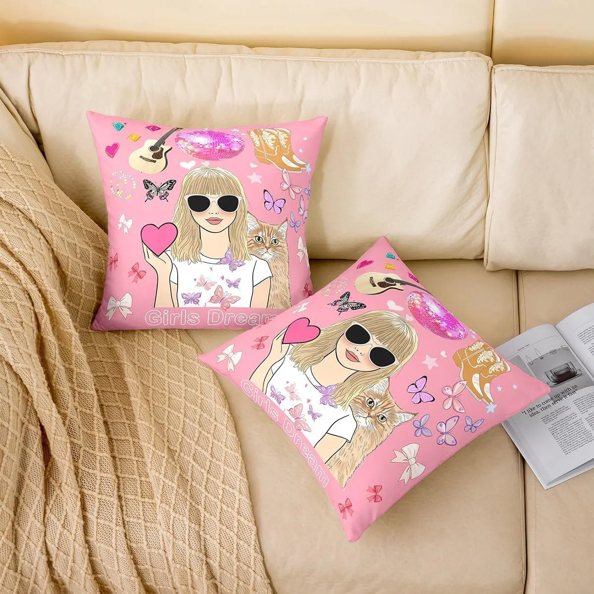 Erosebridal Pink Music Themed 18x18 Throw Pillow Cover, Disco Ball Guitar Soft Cushion Cover for Kids Boys Girls, Cowgirl Boot Cushion Case for Sofa, Cute Bow Butterfly Decorative Square Pillowcase