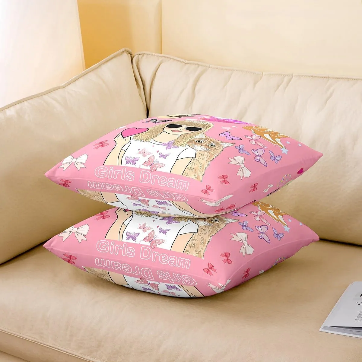 Erosebridal Pink Music Themed 18x18 Throw Pillow Cover, Disco Ball Guitar Soft Cushion Cover for Kids Boys Girls, Cowgirl Boot Cushion Case for Sofa, Cute Bow Butterfly Decorative Square Pillowcase