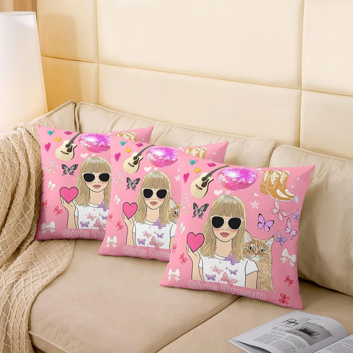 Erosebridal Pink Music Themed 18x18 Throw Pillow Cover, Disco Ball Guitar Soft Cushion Cover for Kids Boys Girls, Cowgirl Boot Cushion Case for Sofa, Cute Bow Butterfly Decorative Square Pillowcase