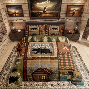 Erosebridal Camping Comforter Set for Kids Boys Girls,Vintage Camper Mountain Tree Bedding Set,Wooden Happy Camping Comforter Sets Twin,Rustic Bear Duvet Insert with 1 Pillowcase Cabin Lodge Decor
