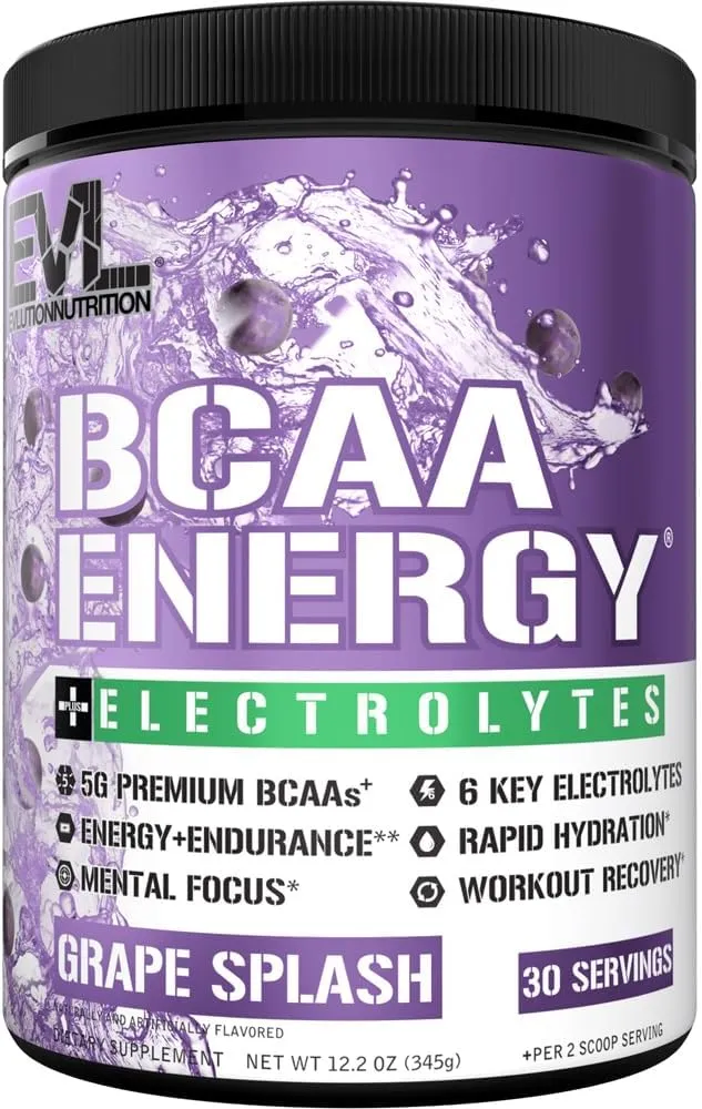 EVL BCAAs Amino Acids Powder - BCAA Energy Pre Workout Powder for Muscle Recovery Lean Growth and Endurance - Rehydrating Post Workout Recovery Drink with 6 Key Electrolytes - Grape Splash