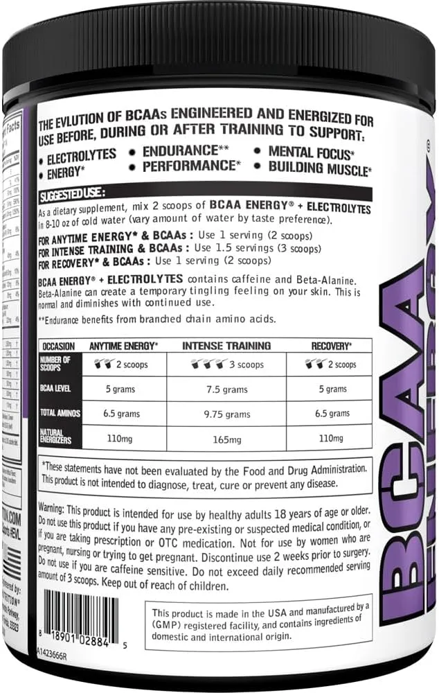 EVL BCAAs Amino Acids Powder - BCAA Energy Pre Workout Powder for Muscle Recovery Lean Growth and Endurance - Rehydrating Post Workout Recovery Drink with 6 Key Electrolytes - Grape Splash