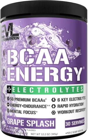 EVL BCAAs Amino Acids Powder - BCAA Energy Pre Workout Powder for Muscle Recovery Lean Growth and Endurance - Rehydrating Post Workout Recovery Drink with 6 Key Electrolytes - Grape Splash