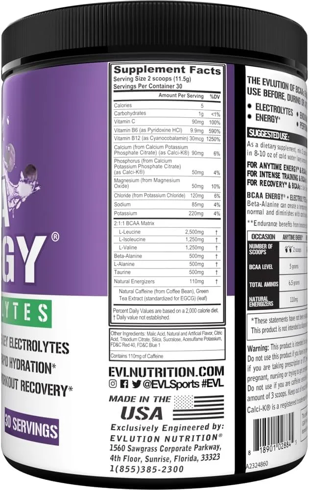 EVL BCAAs Amino Acids Powder - BCAA Energy Pre Workout Powder for Muscle Recovery Lean Growth and Endurance - Rehydrating Post Workout Recovery Drink with 6 Key Electrolytes - Grape Splash