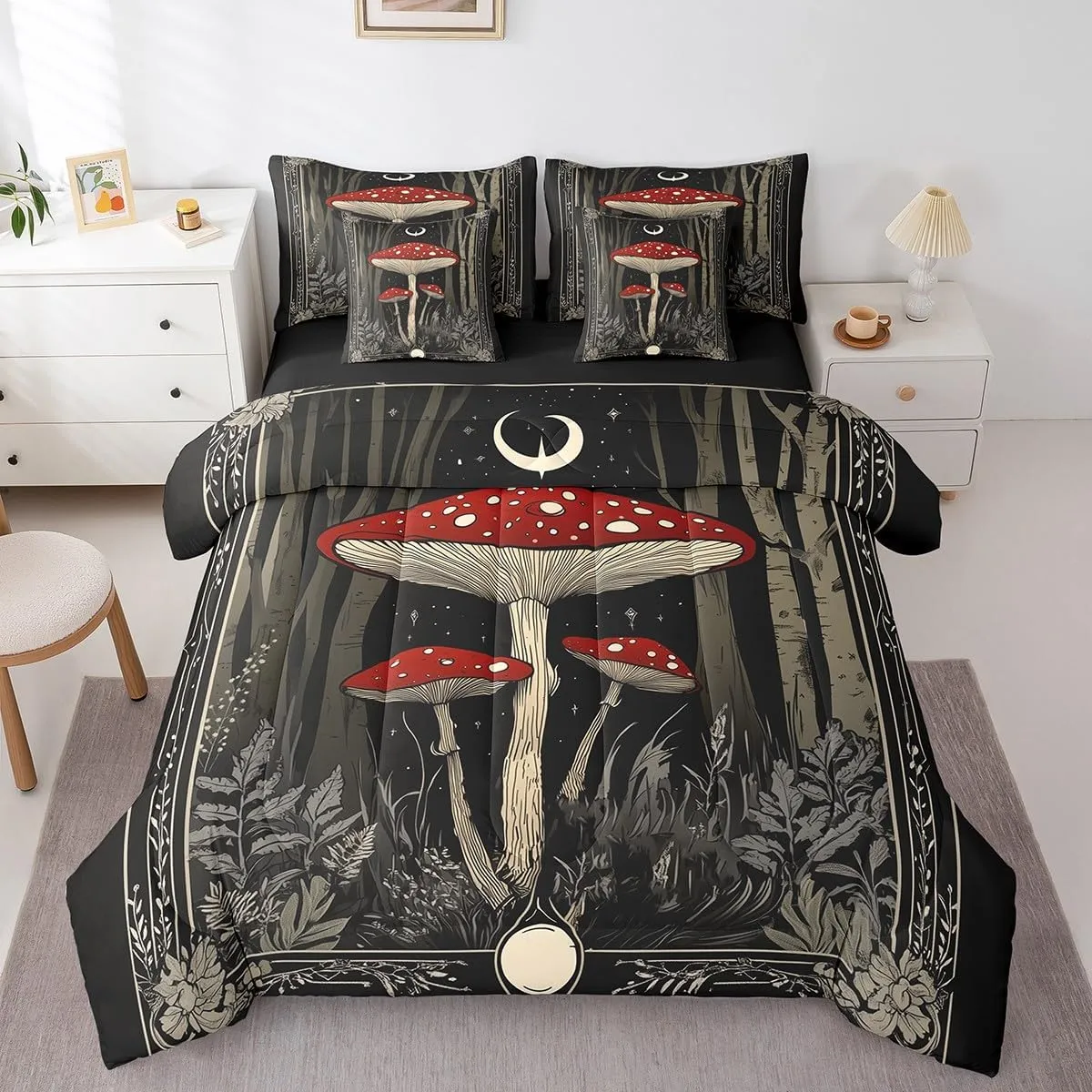 Feelyou Cute Mushroom Decor 7 Pieces Bedding Set Boys Girls King Size Cartoon Mushrooms Comforter Set with Sheets Ultra Soft Kawaii Fungus Bed in a Bag Mushroom Bedspread Cover Room Decor