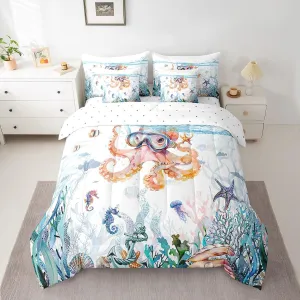 Feelyou Cute Octopus Full 7 Pieces Comforter Set with Sheets for Kids Boys Girls Ocean Kraken Bed in a Bag Tentacles Bedding Set Room Decor Sealife Sea Animal Ocean Fish Bed Set