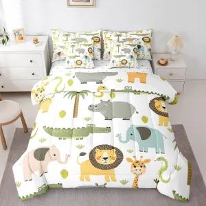 Feelyou Wild Animals 7 Piece Bedding Set Twin, Cute Hippo Crocodile Lion Bed in a Bag Kids Cartoon Elephant Giraffe Bedding Sets with Comforter, Pillowcases, Flat Sheet, Fitted Sheet, Cushion Cover