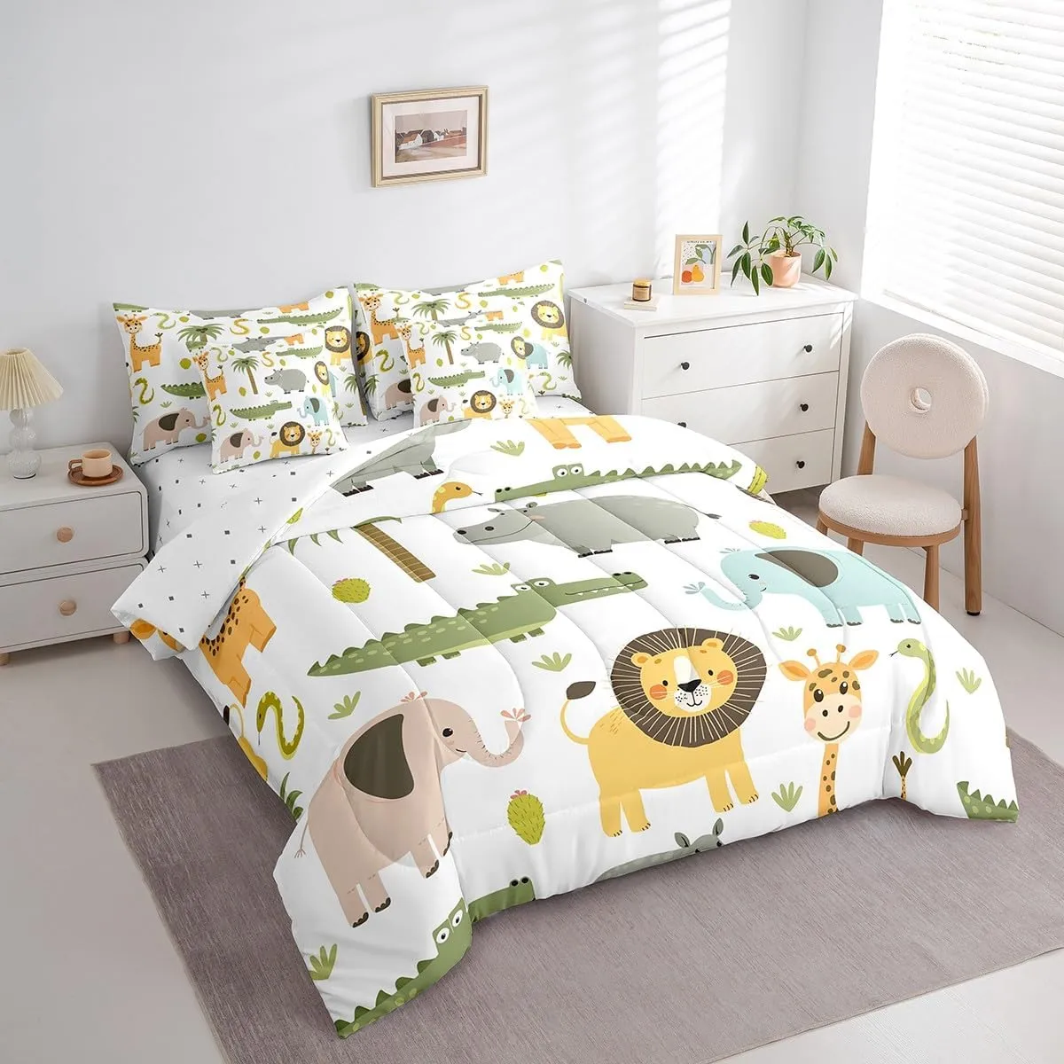Feelyou Wild Animals 7 Piece Bedding Set Twin, Cute Hippo Crocodile Lion Bed in a Bag Kids Cartoon Elephant Giraffe Bedding Sets with Comforter, Pillowcases, Flat Sheet, Fitted Sheet, Cushion Cover
