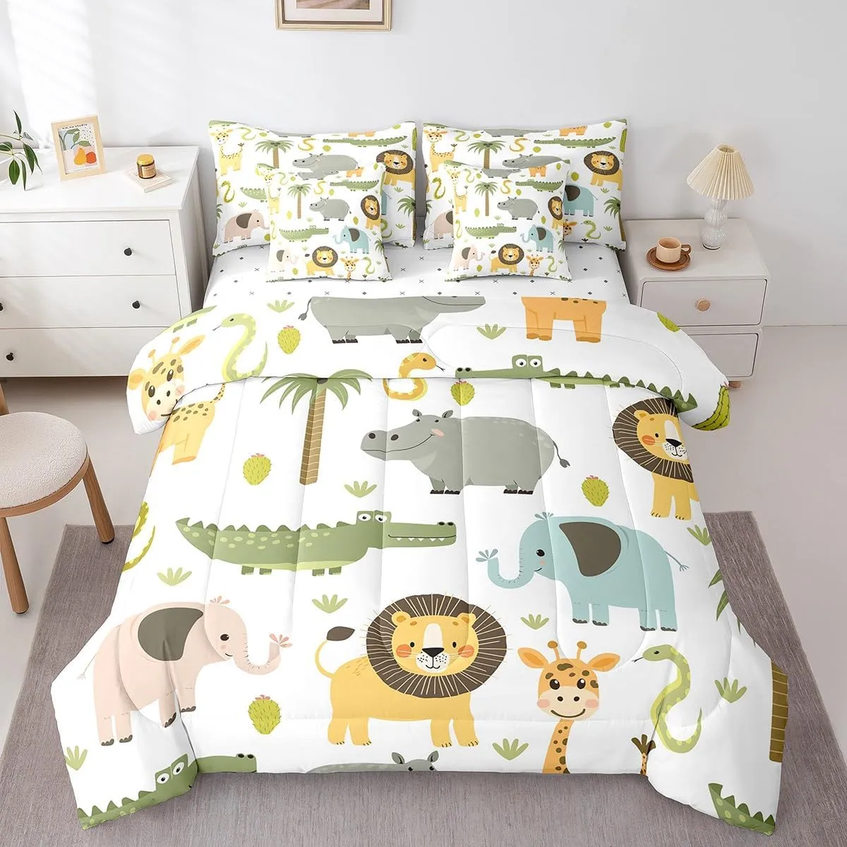 Feelyou Wild Animals 7 Piece Bedding Set Twin, Cute Hippo Crocodile Lion Bed in a Bag Kids Cartoon Elephant Giraffe Bedding Sets with Comforter, Pillowcases, Flat Sheet, Fitted Sheet, Cushion Cover