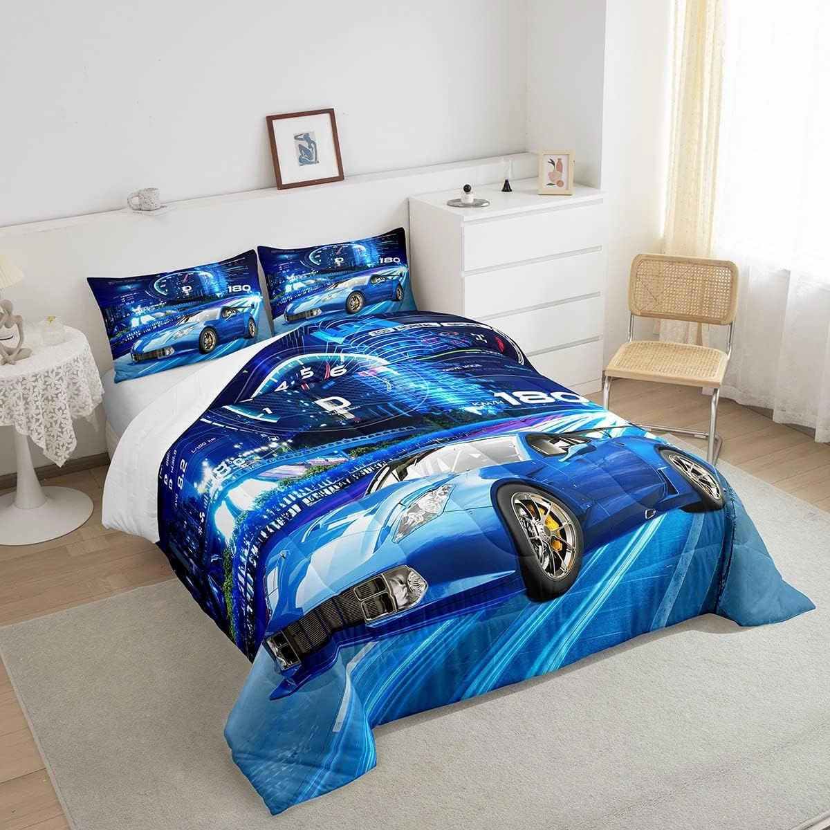 Feelyou Boys Race Car Down Duvet Cool Sports Car Comforter Set for Kids Boys Girls Extreme Sports Bedding Set Blue Automobile Car Comforter 1 Comforter Set with 2 Pillowcases Full Size