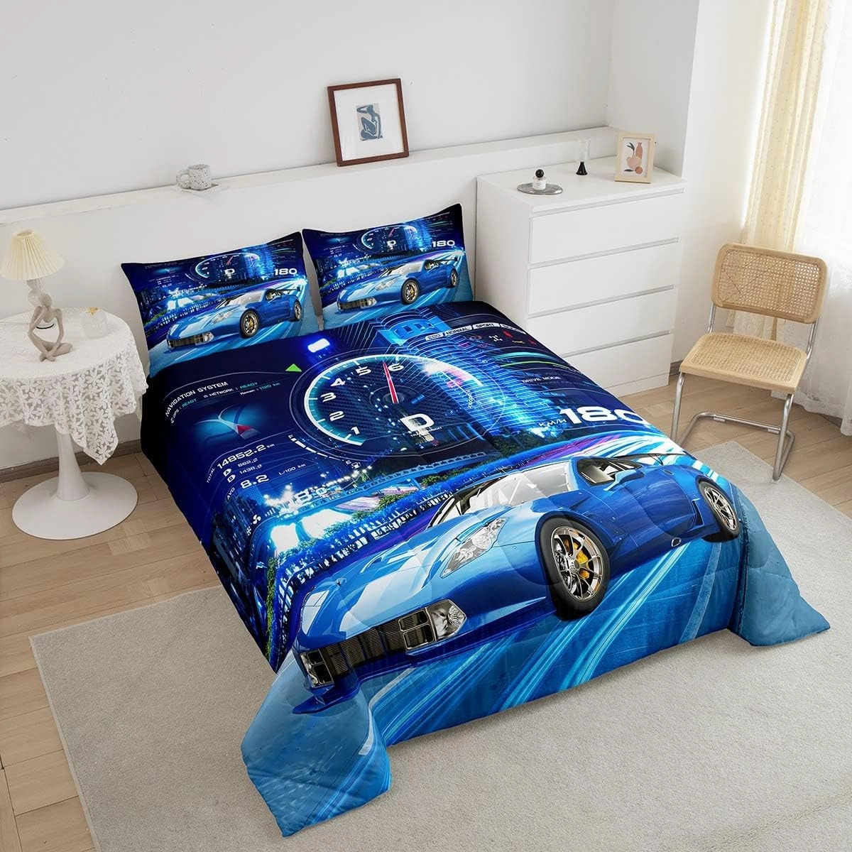 Feelyou Boys Race Car Down Duvet Cool Sports Car Comforter Set for Kids Boys Girls Extreme Sports Bedding Set Blue Automobile Car Comforter 1 Comforter Set with 2 Pillowcases Full Size