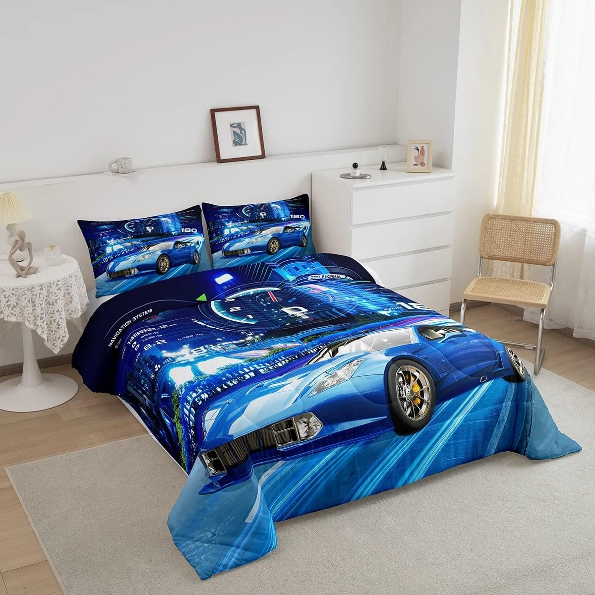 Feelyou Boys Race Car Down Duvet Cool Sports Car Comforter Set for Kids Boys Girls Extreme Sports Bedding Set Blue Automobile Car Comforter 1 Comforter Set with 2 Pillowcases Full Size