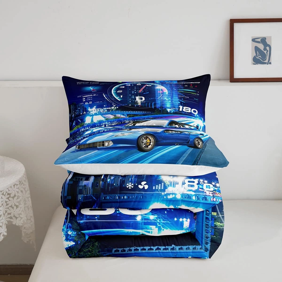 Feelyou Boys Race Car Down Duvet Cool Sports Car Comforter Set for Kids Boys Girls Extreme Sports Bedding Set Blue Automobile Car Comforter 1 Comforter Set with 2 Pillowcases Full Size