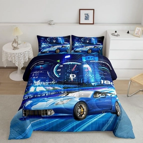 Feelyou Boys Race Car Down Duvet Cool Sports Car Comforter Set for Kids Boys Girls Extreme Sports Bedding Set Blue Automobile Car Comforter 1 Comforter Set with 2 Pillowcases Full Size