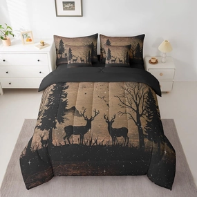 Feelyou Hunting Deer Bed in A Bag Queen, Deer 7 Pieces Bedding Set for Boys Girls Black Deer Comforter Set with Sheets Cute Dear Bed Set 7Pcs