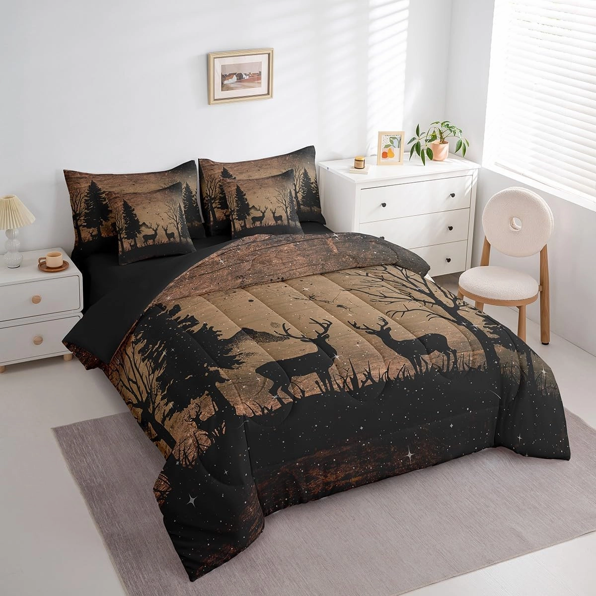 Feelyou Hunting Deer Bed in A Bag Queen, Deer 7 Pieces Bedding Set for Boys Girls Black Deer Comforter Set with Sheets Cute Dear Bed Set 7Pcs