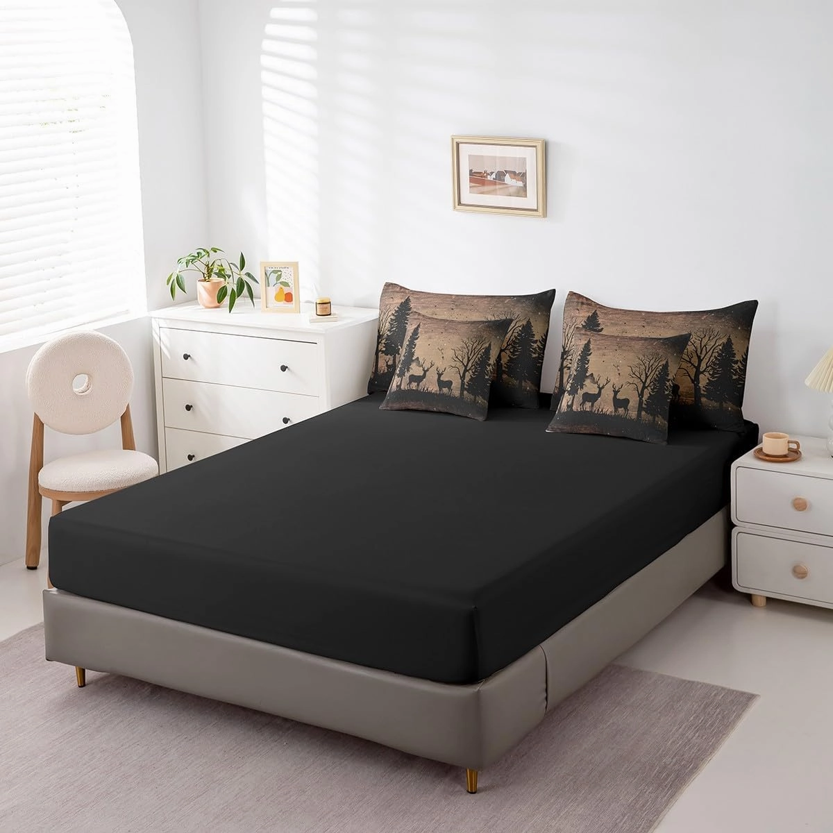 Feelyou Hunting Deer Bed in A Bag Queen, Deer 7 Pieces Bedding Set for Boys Girls Black Deer Comforter Set with Sheets Cute Dear Bed Set 7Pcs