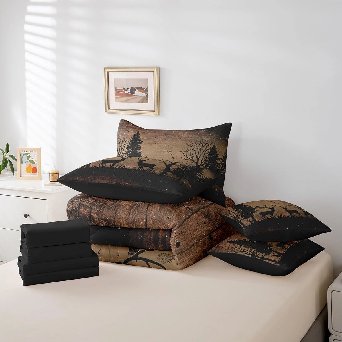 Feelyou Hunting Deer Bed in A Bag Queen, Deer 7 Pieces Bedding Set for Boys Girls Black Deer Comforter Set with Sheets Cute Dear Bed Set 7Pcs