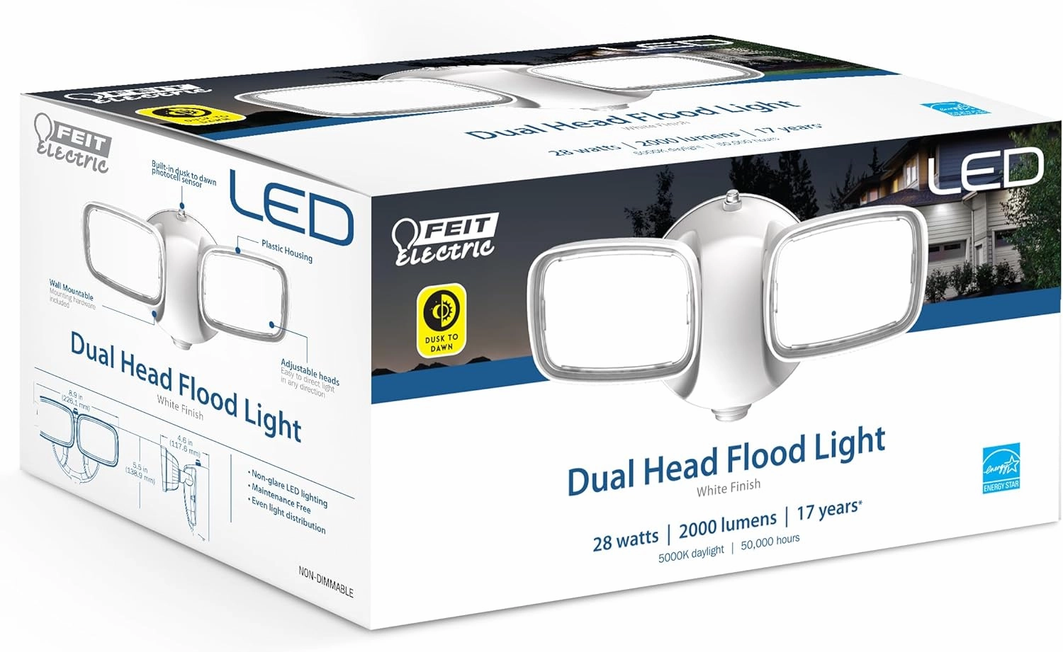 Feit Electric LED Security Light Outdoor, 28W LED Waterproof Flood Light, 2 Head, Wall Mount, Switch Operated, 2000 Lumens, 50,000 Hour Lifespan, Dusk to Dawn,White, S9DFL/850/DD/WH