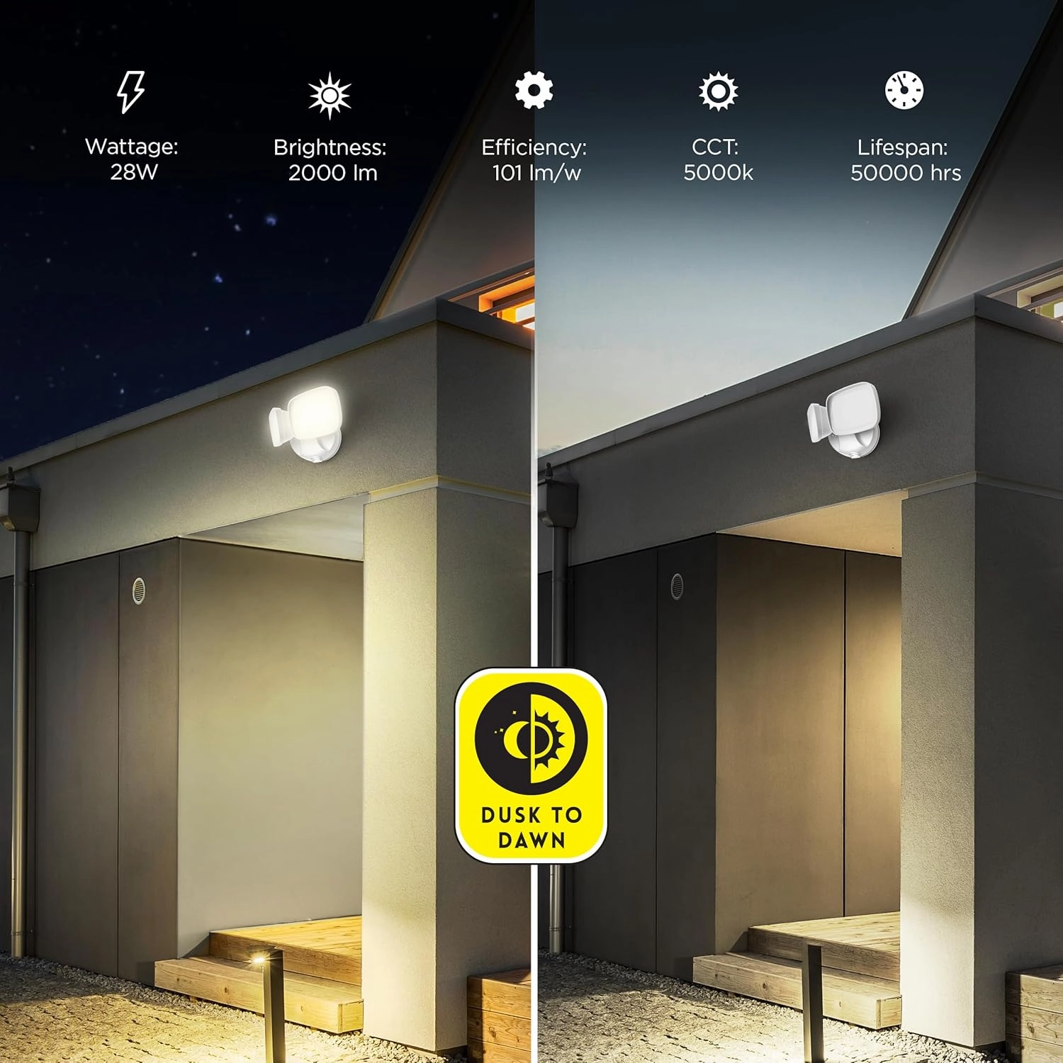 Feit Electric LED Security Light Outdoor, 28W LED Waterproof Flood Light, 2 Head, Wall Mount, Switch Operated, 2000 Lumens, 50,000 Hour Lifespan, Dusk to Dawn,White, S9DFL/850/DD/WH