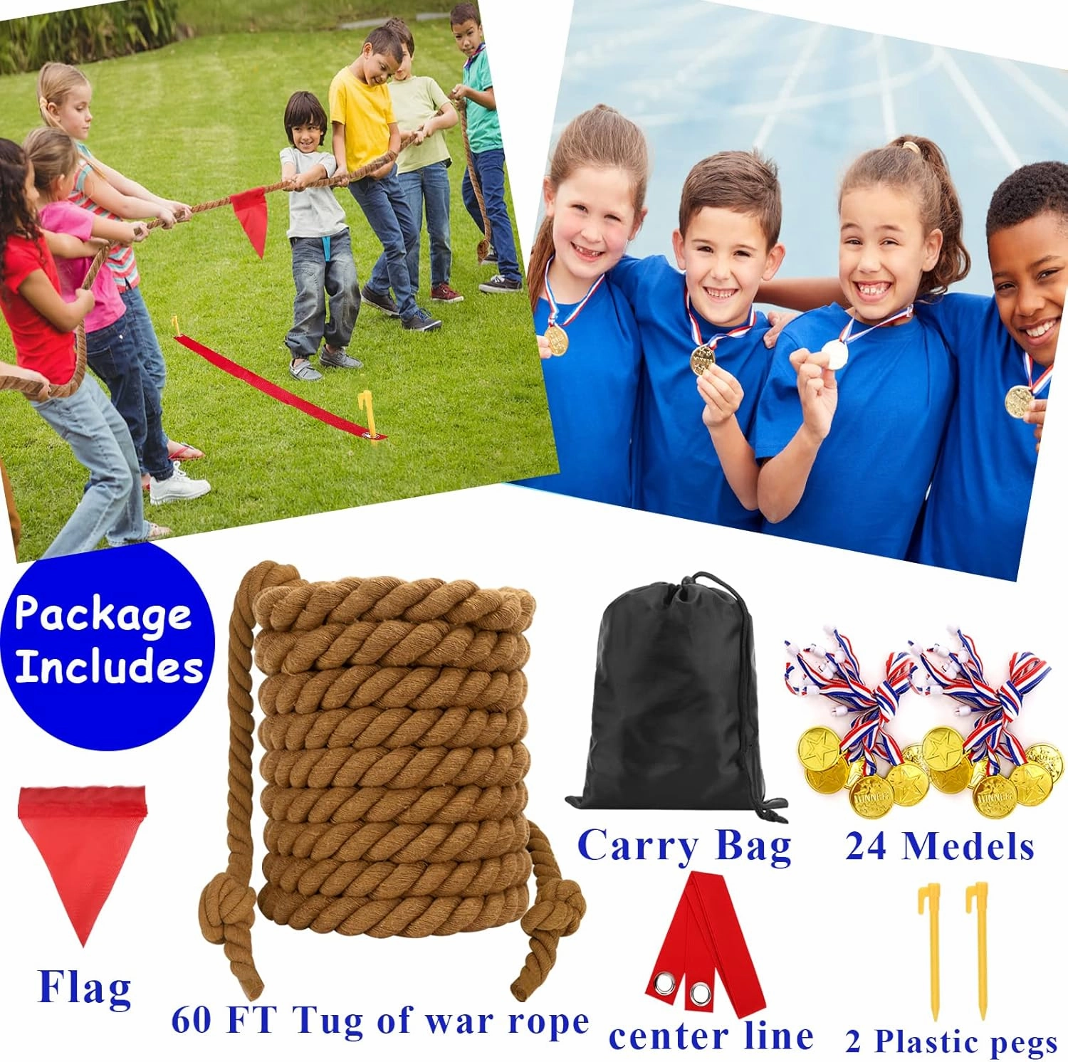 Field Day Tug a War Rope Games 60FT for Kids and Adult, Outdoor Outside Activities Carnival Easter Games for Kids Family Reunion Birthday Party Lawn Picnic Yard Games for Team Building, Brown