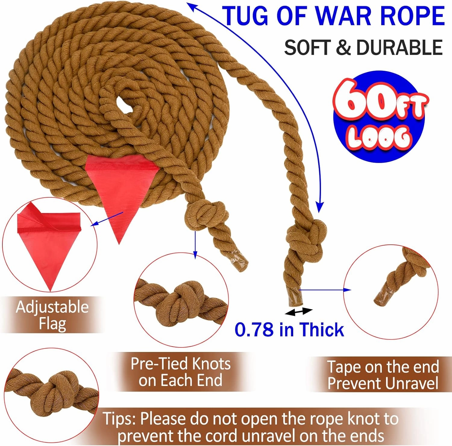 Field Day Tug a War Rope Games 60FT for Kids and Adult, Outdoor Outside Activities Carnival Easter Games for Kids Family Reunion Birthday Party Lawn Picnic Yard Games for Team Building, Brown
