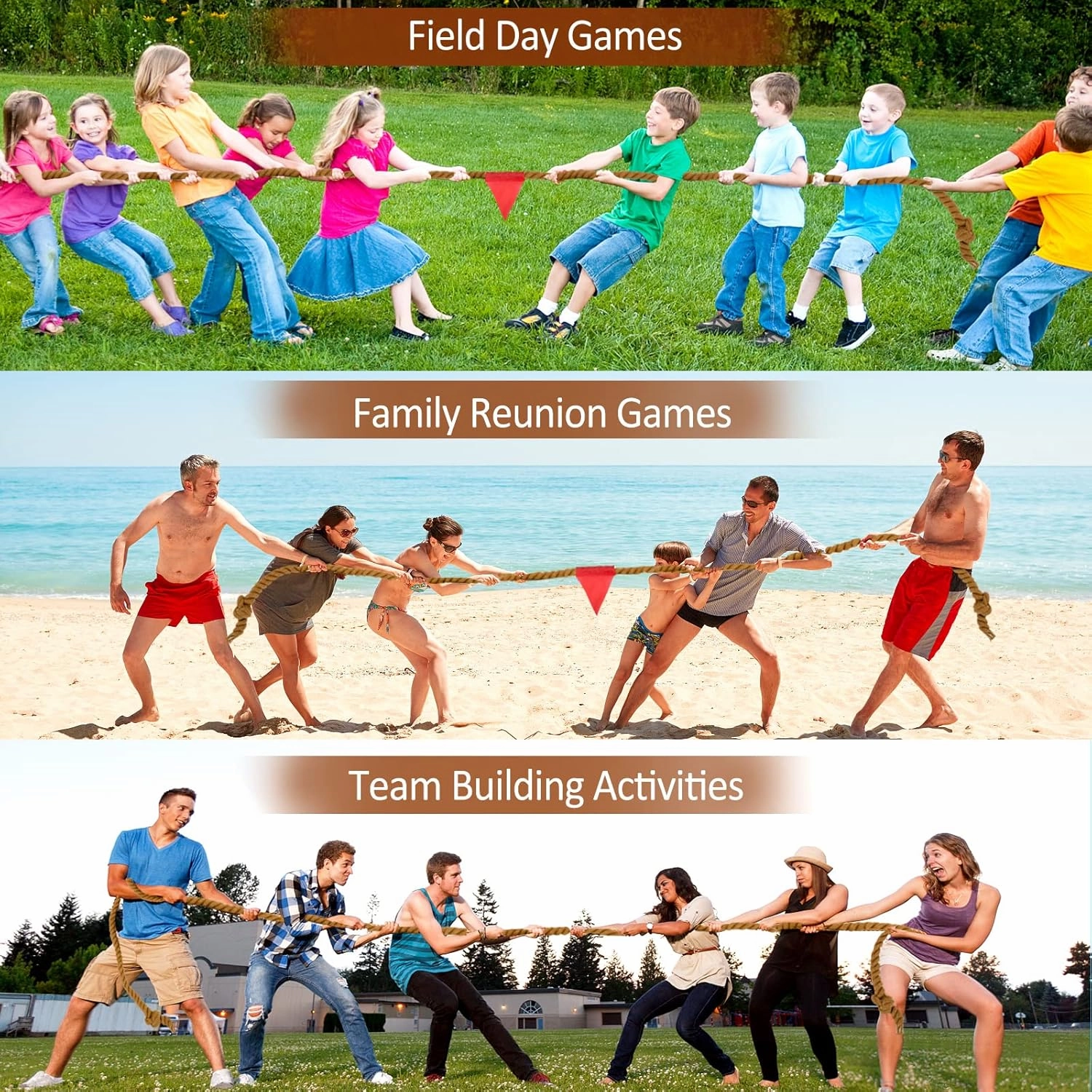 Field Day Tug a War Rope Games 60FT for Kids and Adult, Outdoor Outside Activities Carnival Easter Games for Kids Family Reunion Birthday Party Lawn Picnic Yard Games for Team Building, Brown