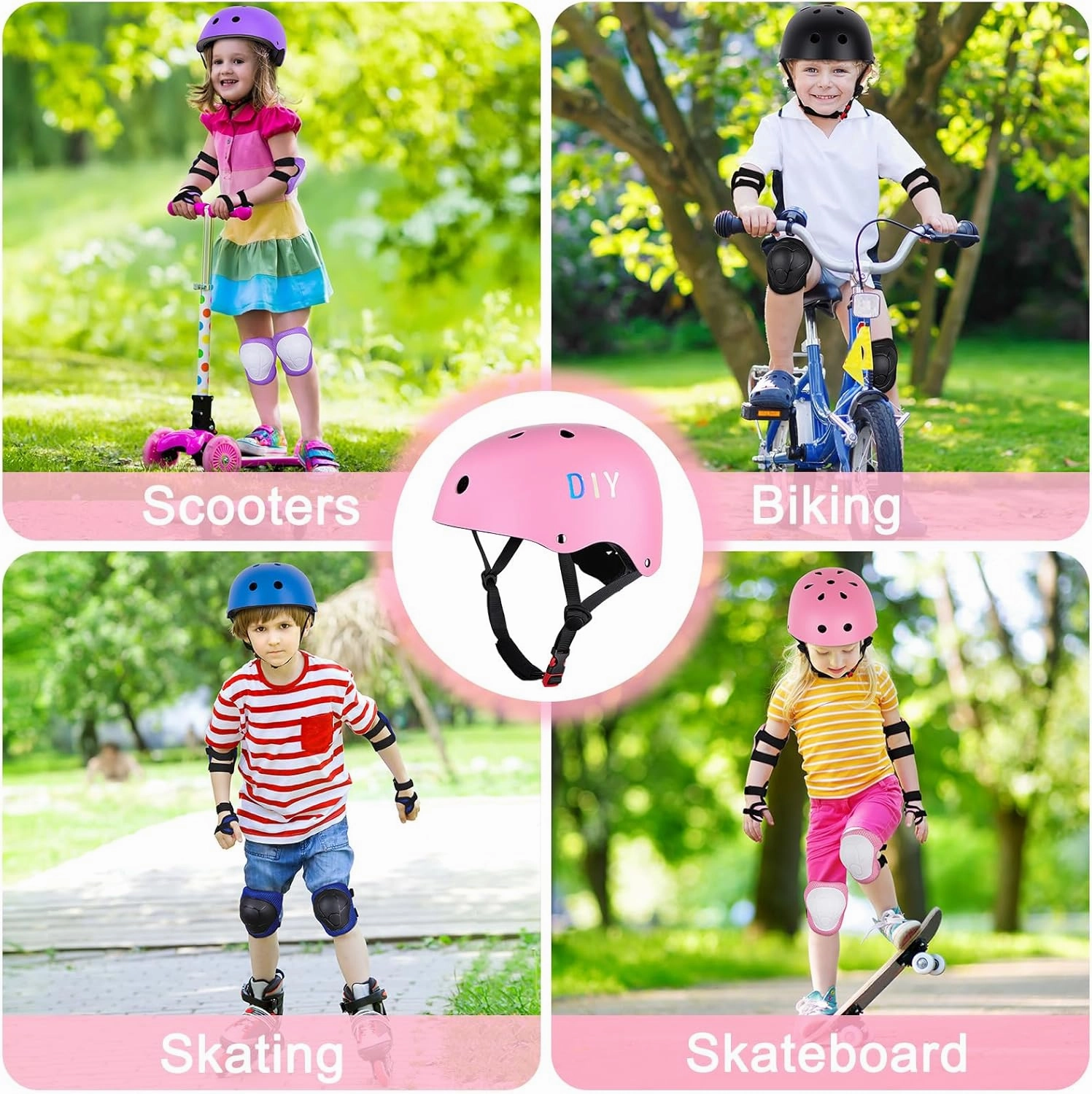 FIODAY Kids Bike Helmet Knee Pads for Kids Adjustable Protective Gear with Knee and Elbow Pads Wrist Guards Toddler Helmet for Boys Girls Skateboard Inline Skating Scooter, 3-5-8-13 Years