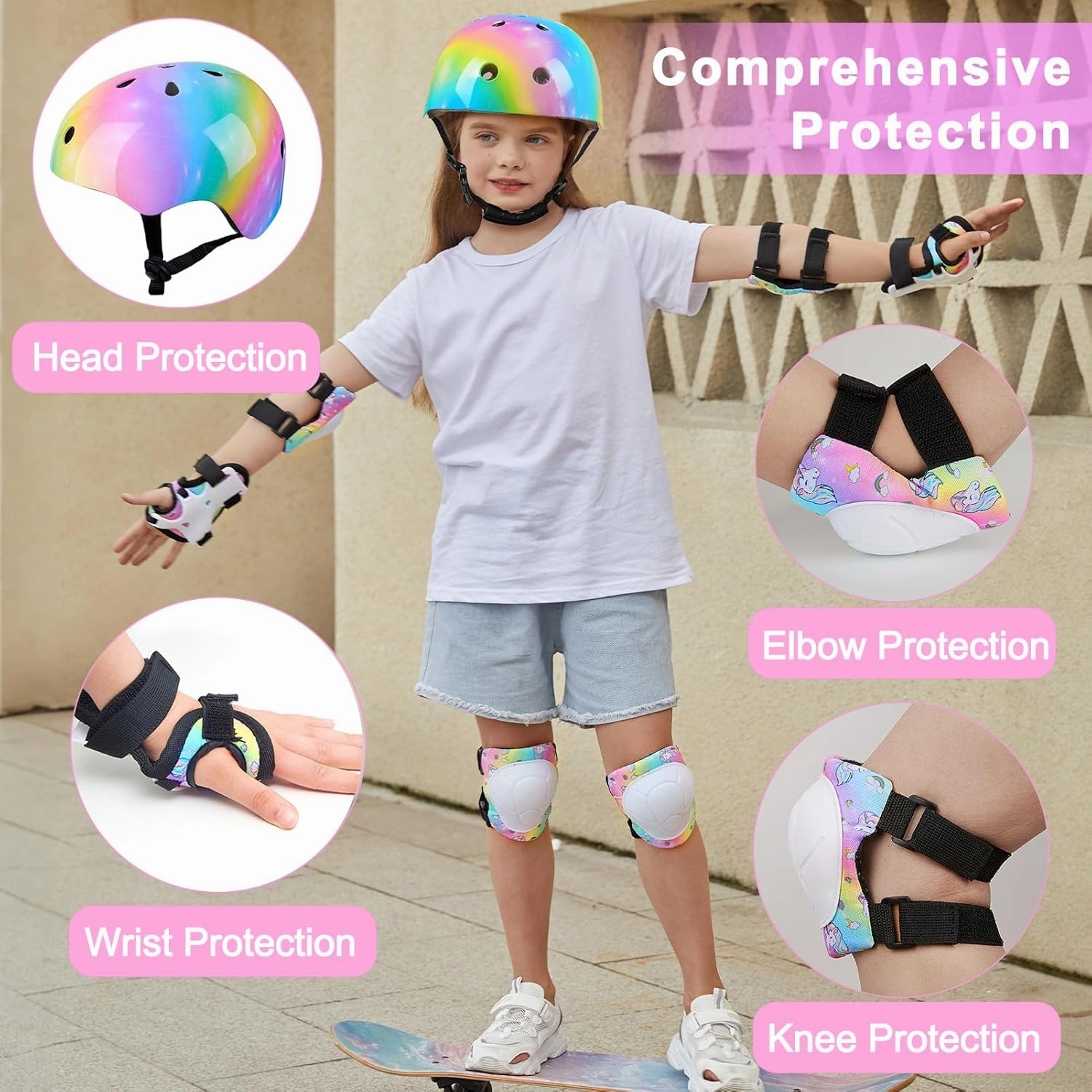 FIODAY Kids Helmet Knee Pads for Kids Unicorn Knee and Elbow Pads Wrist Guards Adjustable Protective Gear Set for Girls Boys Sports Skateboard Inline Skating Scooter