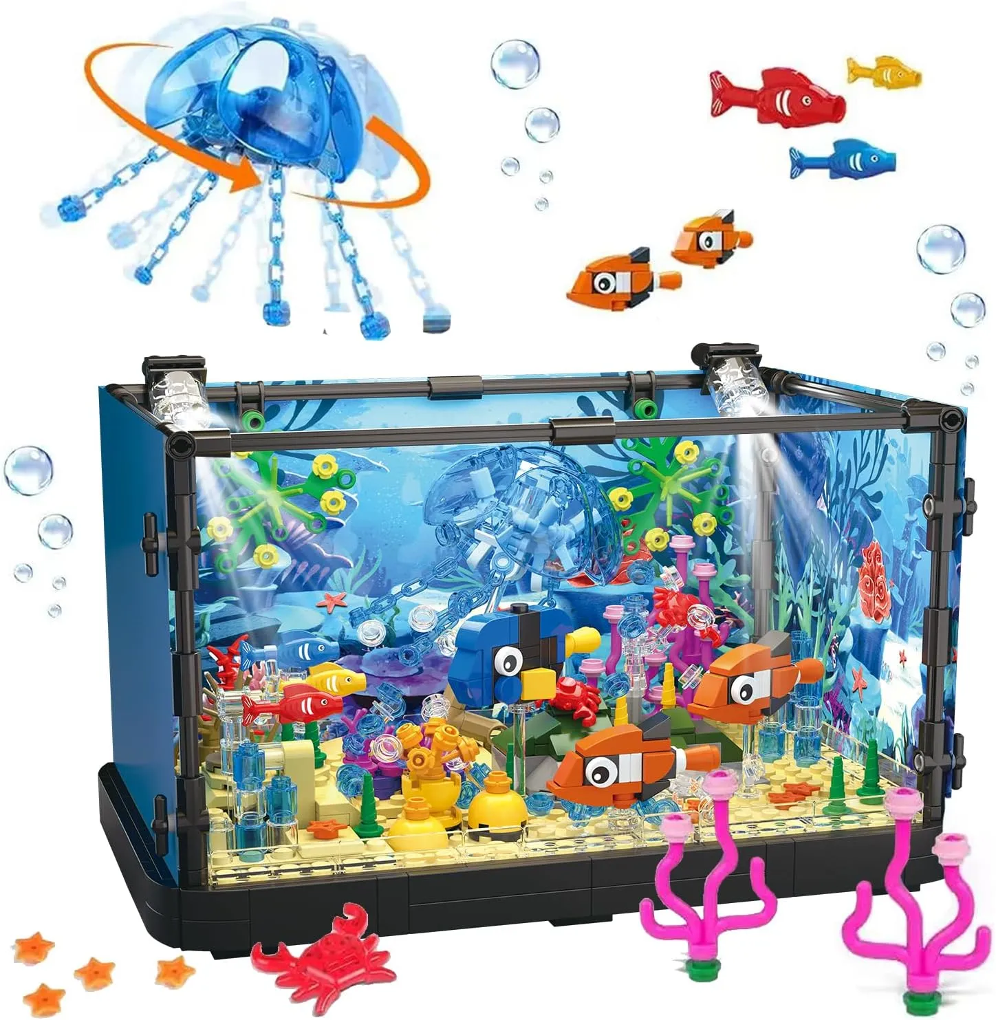 Fish Tank Building Sets,725 Pcs Lighting Aquarium Building Kits for Adults and Kids,STEM Creative Aquarium Toy with Ocean Jellyfish,Fish,Crab,Animal,Educational Gift for Boys Girls Age 8-14 