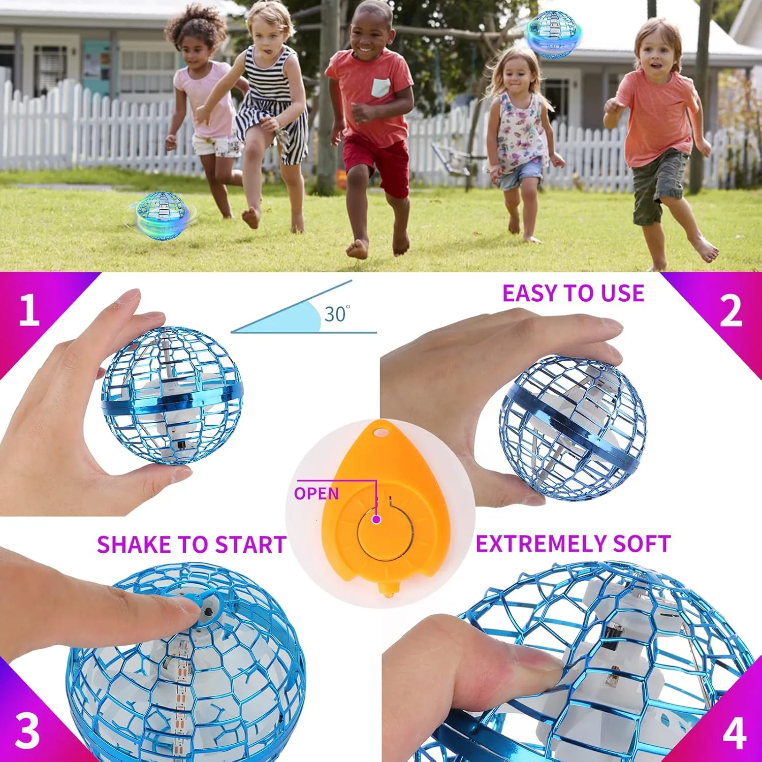 Floating Ball Kids Outdoor Toy 360 Rotating Magic UFO Flashing LED Globe Remote Control Flying Orb Ball Colorful Light Fly Spinners Fly Globe Game for Kids Age 3 and Up (Blue)